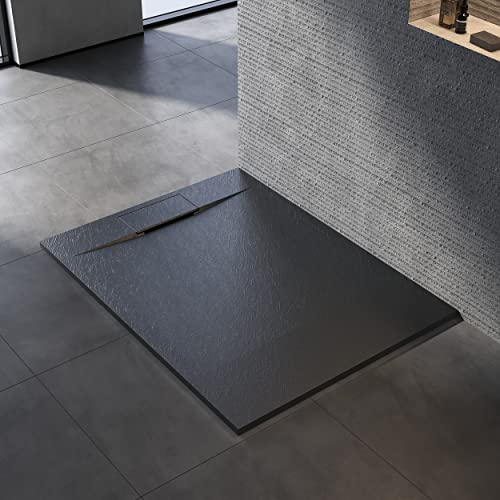 SONNI Duschwanne 120x90 cm Schwarz Flach Duschtasse mit Siphon Komplettset Rechteckig Duschtassen Schieferoptik