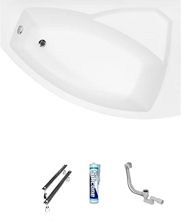 ECOLAM® Badewanne Eckbadewanne Acryl Rima weiß 130x85 cm RECHTS Ablaufgarnitur Ab- und Überlauf Automatik Füße Silikon Komplett-Set