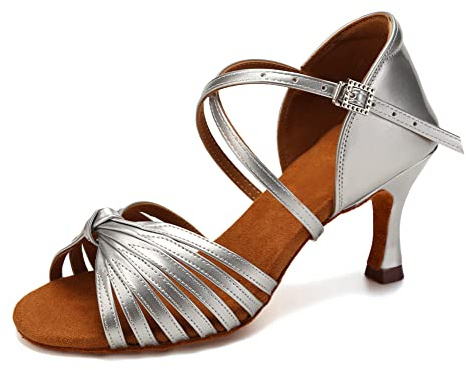 VCIXXVCE Scarpe da Ballo Latino Americano Donna Argento Professionali Scarpe da Ballo Sala da Ballo Salsa Tacco 7,5 cm,37.5 EU