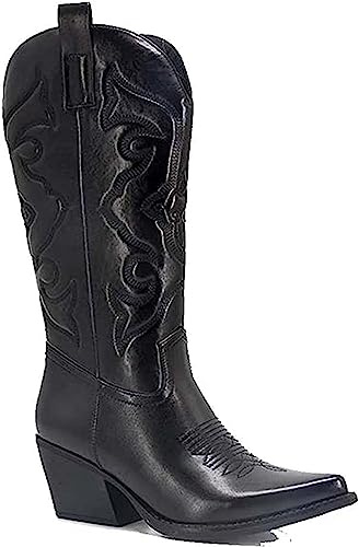 OTMYIGO Bottes Western pour Femmes 2023 Bout Pointu Broderie Vintage Bottes mi-Mollet Fermeture éclair Automne Hiver Bottes de Cavalier