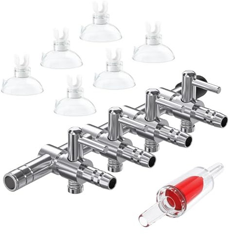Pawfly 4-Way Aquarium Air Flow Control Lever Valve Splitter Distributor Manifold for Air Pumps Fish Tank with 1 Non-return Check Valve and 6 Suction Cup Clips