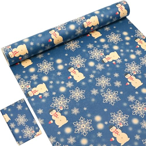 OTMVicor Rouleau de papier cadeau kraft recyclable, 15 m x 43 cm, bleu marine, imprimé avec étoile, flocon de neige, bonhomme de neige pour emballage de décoration de fête