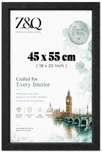 Z&Q Wall Display Pictures Posters Photo Frame Black - 45cm x 55cm Crystal Clear Front MDF Backing With Both Ways Hanging Hooks - Home Office Use