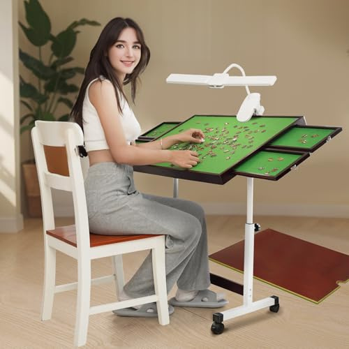 JAGAHAHA Jigsaw Puzzle Table, Height Adjustable Tilting Board, Drawers, LED light, Casters Wheels