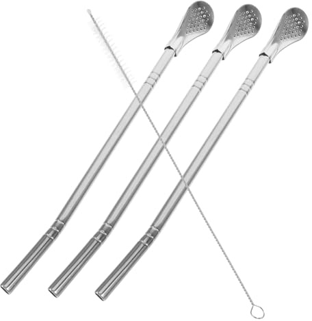 Stainless Steel Straw Spoon Set with Brush for Beverage Service | Mirror Polished, Detachable Design, Silver Finish, Suitable for Hotel and Beverage Shop Use, One Set Included
