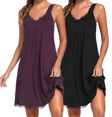 Uniexcosm Camisón de Mujer Algodon Camisones Mujer Sexy sin Manga Camisón con Tirantes Antideslizantes Cuello en V Ropa de Dormir Vestido Ligero y Suave para Hogar