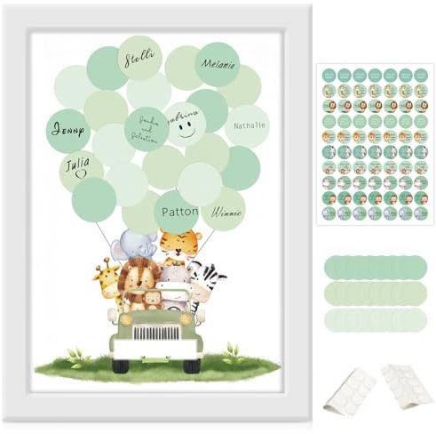 TOATELU Libro degli ospiti per baby shower, con cornice in legno bianco, libro degli ospiti, baby shower, 21 x 29,7 cm, cornice per bambini, decorazione per baby shower, libro degli ospiti, battesimo