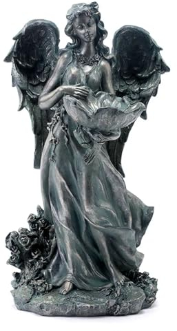 Napco Fleur Ange Mangeoire à Oiseaux Bain 44,5 x 26,7 x 25,4 cm Pierre Résine Bleu et Bronze Figurine de collection Statue Sculpture, Intérieur Extérieur Jardin Décor
