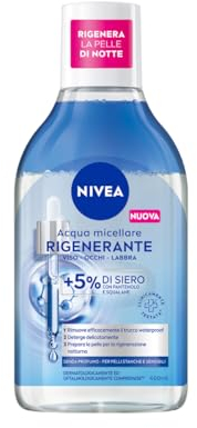 NIVEA Acqua Micellare Rigenerante 400 ml, Struccante viso e occhi con 5% siero + Aminoacid Complex, Detergente viso, occhi e labbra senza risciacquo per pelli stanche e sensibili
