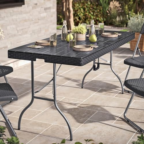 URBN GARDEN Klapptisch aus Rattan, 1,5 m, für den Außenbereich, tragbar, Tragegriff, Garten, Terrasse, Schwarz