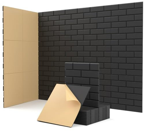 Acoustic Panels Self-adhesive, 18 Pcs Brick Sound Absorbing Panels, Recording Studio, Bedroom, Gaming Room, Living Room, Decorative Acoustic Tiles for Walls, Doors 11.8 X 11.8 X 0.4 Black