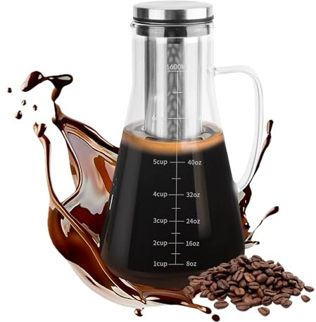 YKUKIZEE 1.6 L Cold Brew Coffee Maker Jar with Filter, Clear Cold Brew Coffee Pot with Handle, 54 OZ Iced Tea Maker Pitcher for Tea Lemonade Homemade Water Fruit Drinks