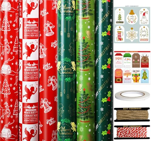 FullJoyHut 6 Rollen Weihnachtsgeschenkpapier je 43cm x 3M - Grünes und Rotes Geschenkpapier Weihnachten Rollen Set, Weihnachtspapier mit Geschenkanhänger Geschenkband für Xmas Geschenkverpackung