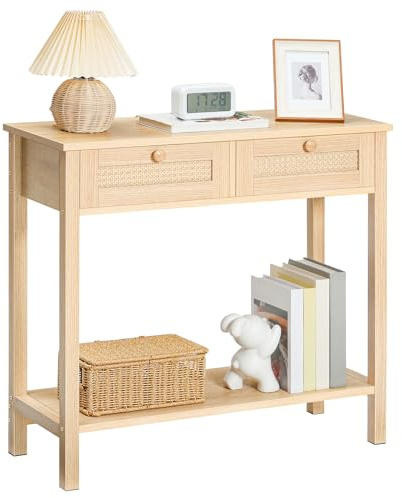 HOOBRO Rattan-Like Narrow Console Table with 2 Drawers, 80 cm Wooden Hallway Table with Storage, Open and Hidden Storage Space, Woven Decoration, for Hallway and Foyer, Natural ENL11XG01G1