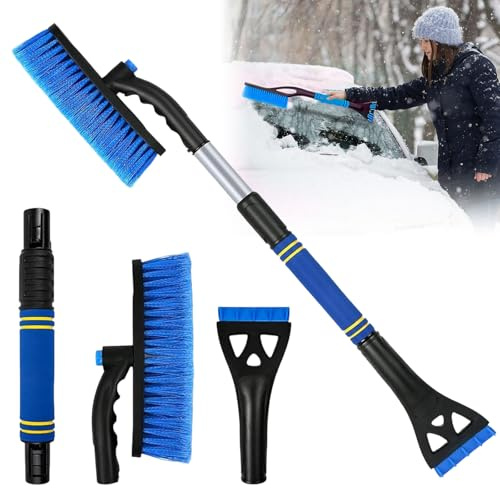 Ajuanbazha Raclette Givre Voiture avec Manche Télescopique, Brosse à Neige Rotative à 360° avec Poignée en Mousse, Brosse à Neige Voiture Ajustables pour Gratter pare Brise et Éliminer la Neige (Bleu)