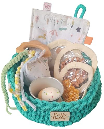 PRETTY DOLLY - Cesta de los tesoros para bebé con 8 artículos hecha a mano - Cesto sensorial - Juego de estimulación temprana - Jugete para bebé Montessori desde los 4 a los 18 meses (Mint)