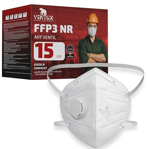 VENTUX SAFETY EQUIPMENT FFP3 Maske mit Ventil – 5-10-15-20 Stück – Zertifizierte FFP3 Atemschutzmaske nach EN 149 mit Kopfband – Schutzmaske gegen Staub und Partikel