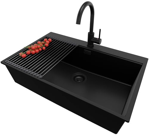 PRIMAGRAN Lavandino da Cucina Tutto Nero 78x50cm, Lavello in Granito a 1 vasca + Rubinetto 32x20cm + Set di accessori, Lavabo da Cucina Incasso al Mobile 80cm - Oslo Top S576