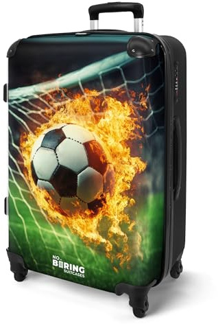 NoBoringSuitcases© Koffer Kinder Groß Kinderreisekoffer Kinderkoffer mit | 67x43x25 cm - Roller Leicht Trolly Große M Hartschalenkoffer Kind Fußball - Ziel - Feuer