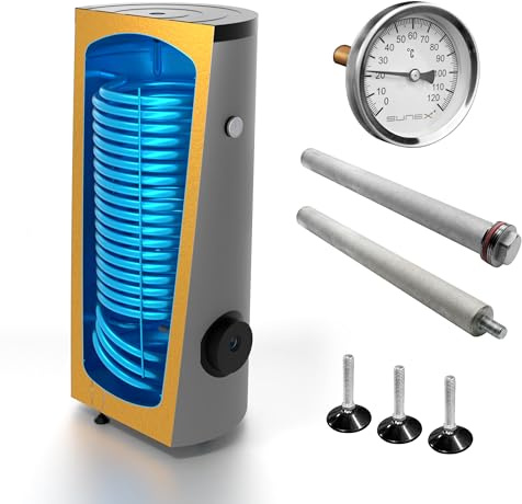 SUNEX® Warmwasserspeicher FISH S15 150X für Wärmepumpe | 150 l Boiler mit Wärmetauscher | DIN 4753 | Emaille & Magnesiumanode | Heizstab nachrüstbar | Warmwasserboiler