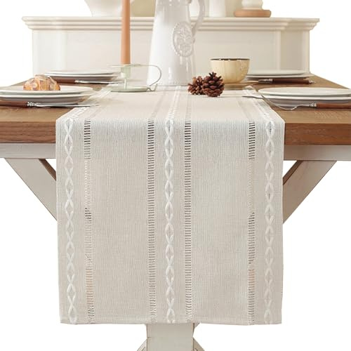 JURENEE Runner Tavola Moderno, 33 X 183 Cm, Runner da Tavolo in Cotone e Lino Ricamata, Runner Tavolo, Tovaglia in Stile Rustico, Ideale per Decorare Tavoli da Ristorante (Bianco Sporco)
