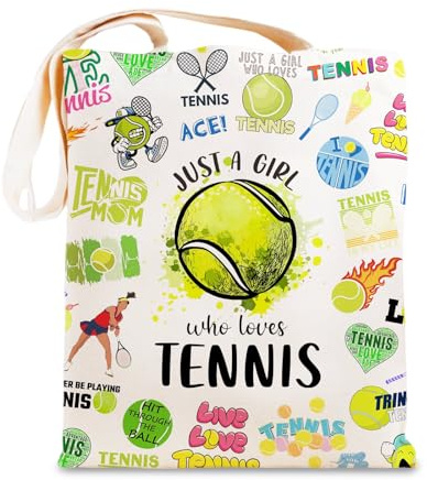 Yoljun Tennis Geschenk, Stofftasche mit Tennis Muster Einkaufstasche, Leichte Stoffbeutel Damen mit Griff, Vielseitige Lustige Taschen für Tennisfans Mädchen Frauen Training Reisen