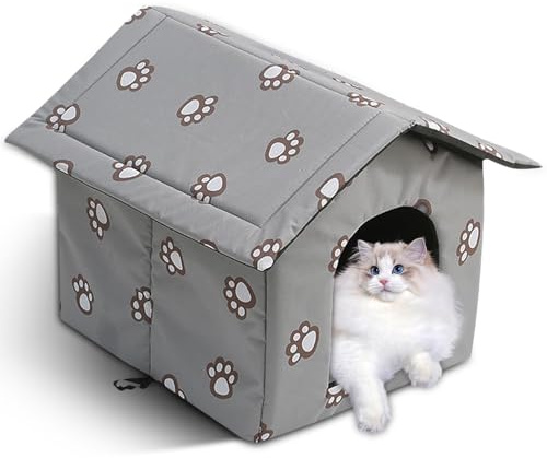 Katzenhaus Outdoor, Katzenhaus Outdoor Winterfest Isoliert, Katzenhöhle für Draußen Wasserdicht mit Abnehmbarem Kissen für Streuner Haustiere Kleine Hund Katze (M, Grau)