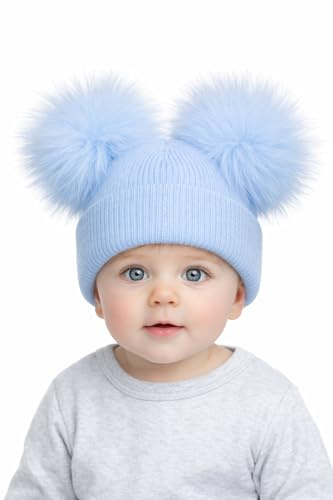 SOHOBABY Gorro suave y elástico de doble pompón liso para bebé niño y niña, azul, 6-18 meses