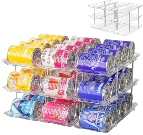 DaMohony Can Storage Organizer for Pantry, 3-Tier Stackable Soda Can Organizer, Holds 36 Cans Canned Food Holder Free Combination & Automatic Rolling for Kitchen Cabinet or Refrigerator
