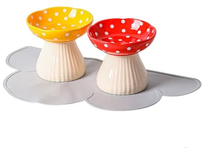 Erhöhte Katzennäpfe mit Silikon-Anti-Rutsch-Pad – 2 Stück Pilzförmige Keramik- und Wasserschalen, Anti-Erbrechen-Design, 300 ml Fassungsvermögen