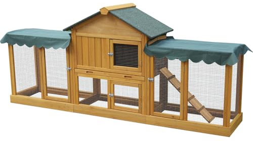 Großer Kaninchenstall mit Auslauf, Holz, 218 * 51 * 96cm, Grünes Dach, Wetterfeste Abdeckung, Mehrstufiger Hasenkäfig für Außenbereich