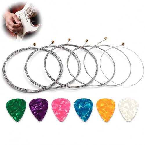 E-Gitarren-Saiten, Gitarrensaitensatz Nickel umsponnen für 9-42 inklusive 6 Plektren für hervorragenden Klang und langlebige für Studioaufnahmen und Live-Auftritte von Anfängern bis Profis