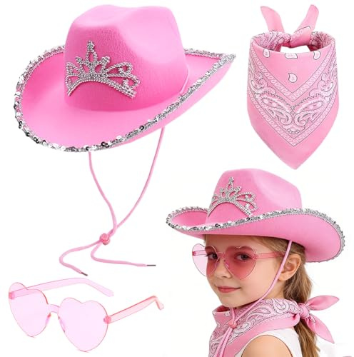 FCXVXCL Cowboyhut Kinder Set 3 Stücke Western Cowboy Kostüm Kit Mit Glänzend Mütze Schal Und Herzförmiger Sonnenbrille Für Jungen Mädchen Halloween Karneval Party