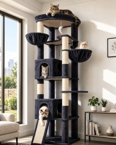 Globlazer Arbol Gatos XXL 204 cm con 2 Grandes Nidos 45 * 30 * 30cm, Inmenso Plataformas Acolchada, Tabla Sisal, 2 Cesta, Estable Esquinero Rascador para Gatos Descansar Rascarse (C80, Gris Oscuro)