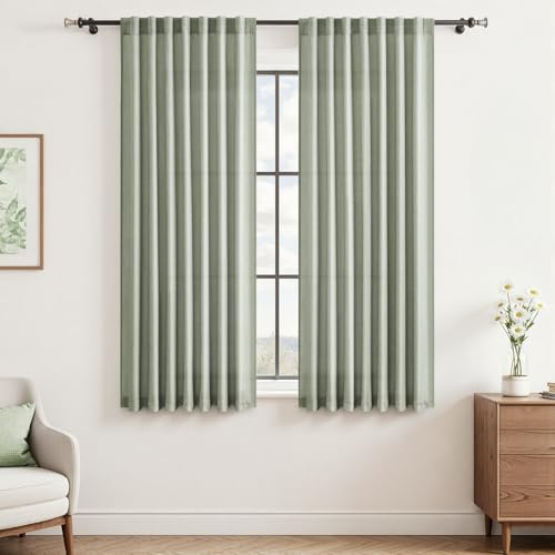 CUTEWIND Vorhänge Grün Leinenoptik Halbtransparent 2er Set Gardinen Schlafzimmer H 145 x B 140 cm, Vorhang Salbeigrün Leinen Wohnzimmer Modern Curtains for Bedroom, mit verdeckten Schlaufen