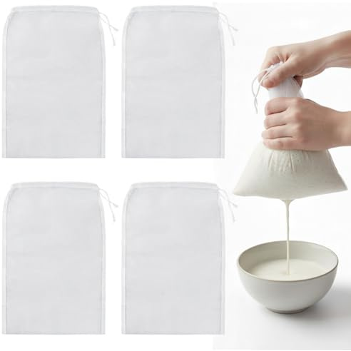 XYGK Reusable Straining Bag, 4 Pcs Fine Mesh Filter Bags, 30 × 20cm Cheesecloth Drawstring Net Bag, Muslin Cloths Strainer for Cold Brew Coffee, Nut Milk, Soy Milk, Juice, Yogurt, Jam Straining