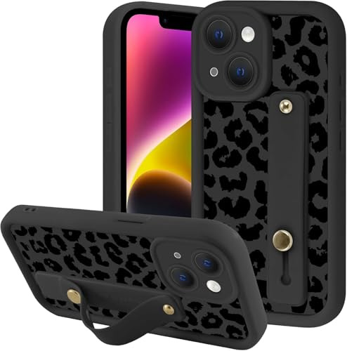 Yoedge Aesthetic Black Leopard Print Phone Case for iPhone 15 with Flexible Adjustable Soft Finger Hand Wrist Strap Holder Kickstand Silicone Shockproof Protection Funda for iPhone 15 6.1 Inch