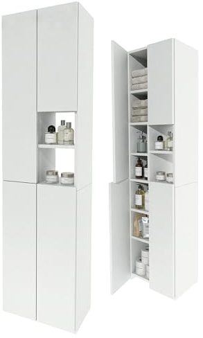 möbelkap Badschrank Hochschrank schmal stehend | Badezimmer Regal mit Stauraum | platzsparender Badezimmerschrank | Weiß