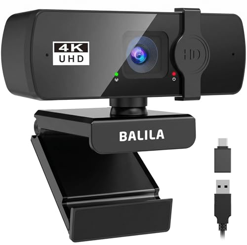 BALILA S800 4K Webcam for PC, PC Webcam with Dual Noise Cancelling Microphone, Privacy Cover, Plug & Play USB Computer Camera, 90° Wide Angle for Laptop, Desktop, Zoom, Teams & Video Conferencing
