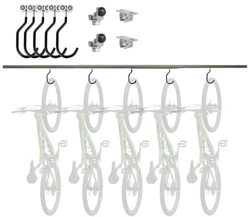 ATTAS Soporte de techo para bicicleta, riel de 1 metro, 5 carros con gancho para bicicleta, acero galvanizado, soporte para 5 bicicletas | Soporte para bicicleta con 5 ganchos y soporte de techo