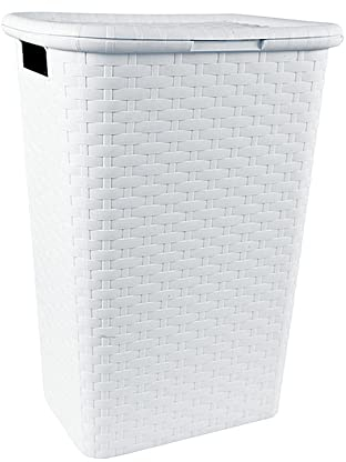 Wäschekorb mit Deckel Rattan - Wäschebox in Flechtoptik 65 L - Wäschesammler Kunststoff mit seitl. Griffen - Platzsparende Wäschesammelbox für Badezimmer & Wohnräume - Wäschetonne weiß
