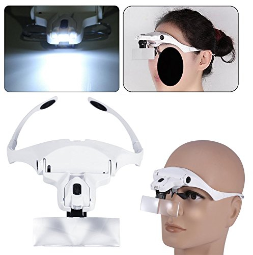 LED Kopfbandlupe Lupenbrille, Verstellbare Headset Lupe mit 1x - 3,5x abnehmbare Linsen für Wimpernverlängerung Juweliere, Nähen, Kosmetik und Reparatur