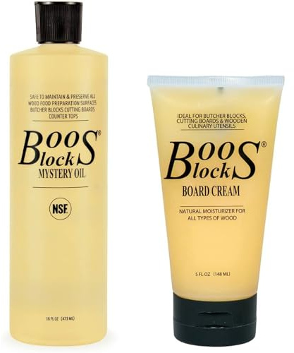 John Boos 2-Piece All-Natural Care & Maintenance Set – 16 oz Mystery Oil & 5 oz Board Cream for Butcher Blocks, Cutting Boards, Wood Countertops, and Wooden Utensils