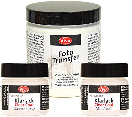 Viva Foto Transfer Medium (250 ml) & Schutzlack (2 x 50 ml) zum einfachen Übertragen von Laserausdrucken, Laserkopien, Zeitungsausschnitten und Zeitschriftenbildern auf Holz oder andere Untergründe