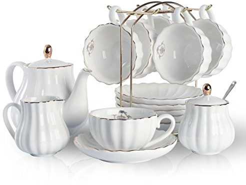 Sweejar Home Set da tè in porcellana Royal Family, 225 ml, per tazze e piattini con teiera, zuccheriera, brocca per latte in ceramica e tazze da caffè (bianco)