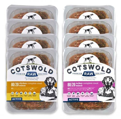 Cotswold RAW Active 80/20 Mince Adult Raw Dog Food, BARF Premium British Meat Raw for All Dogs, Frozen Meal, Chicken and Turkey Mince - 8kg