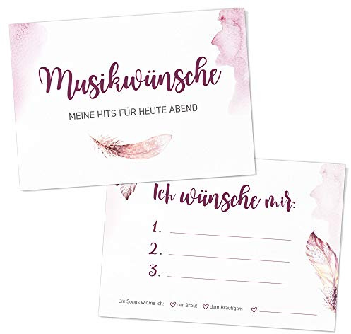 DeinWeddingshop 50 Musikwunschkarten A6 Musikwunsch, DJ-Karten für Hochzeit - Hochzeitsfeier, Gäste-Wünsche, Hochzeitsspiel, Premium-Papier - 10,5 x 14,8cm (Boho Love)