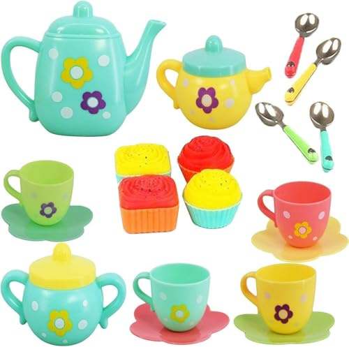 Koolbitz Kids Tea Set Party Playset - 22Pcs Pretend Tea Party Toy with Cups, Plates, Teapot, Desserts and Muffins - Washable BPA-Free Plastic Tea Set for Little Girls Ages 3+ Years