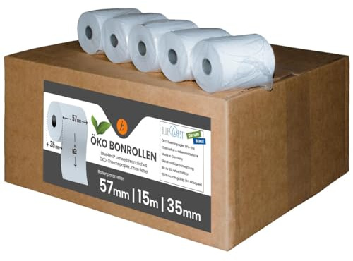 20 Stk. Blue4est® Öko Thermorollen | 57x15x12 mm Ø35mm | Länge: 15 m | blaue Bonrollen Thermopapier | EC Cash Geräte Rollen | HUTNER