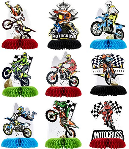 Zonon 9 Piece Dirt Bike Party Decorations Cross Country Motorcycle Birthday Honeycomb Centerpiece Table Decoration Racing Theme Party Supplies Photo Booth Props(Bright Silhouette)